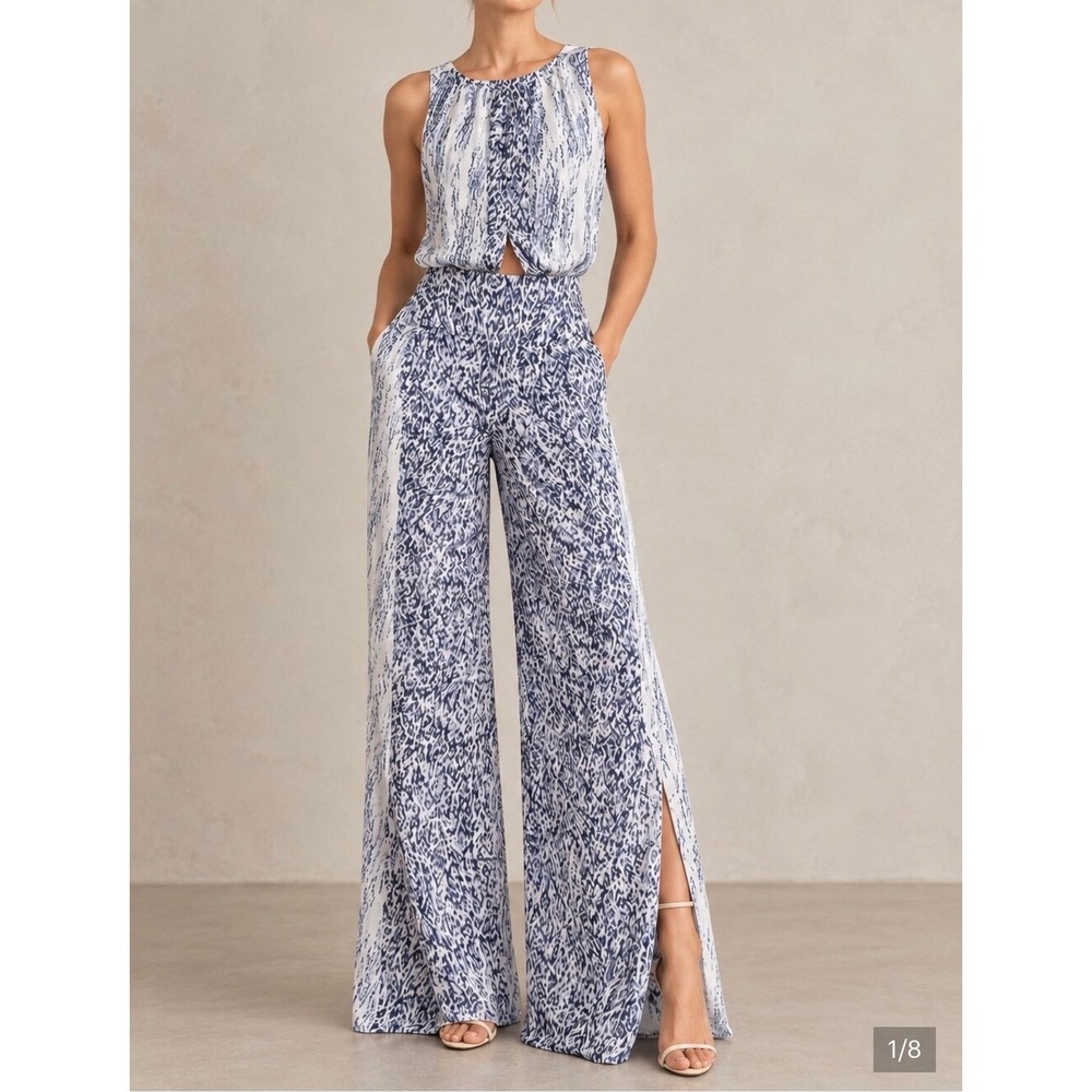 Reiss Jumpsuit Ria Printed White Navy Abstract Cutout Wide Leg Size US 6 NEW - Picture 11 of 12